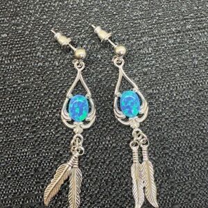 Sterling-Style Silver Blue Opal Feather Drop Earrings